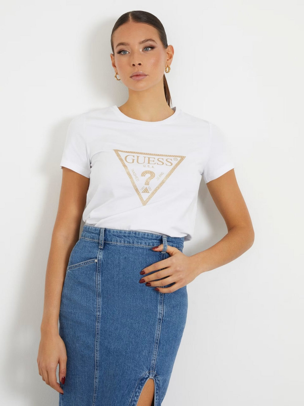 GUESS T-Shirt e Polo Donna Ss Cn Gold Triangle W4RI69 J1314 G011 Bianco - Stilato